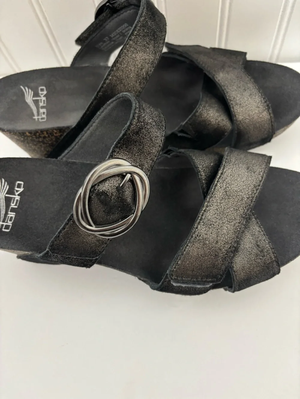 Dansko Susie Black Shimmer Leather Wedge Sandals Size EU 37 US 6.5-7 Comfort